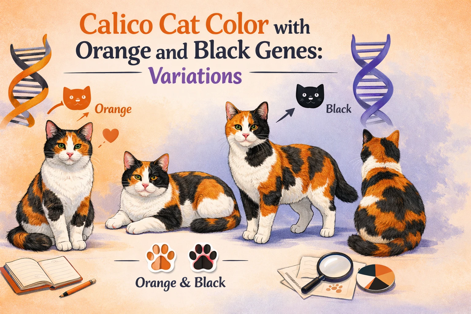 Calico Cat Color with Orange and Black Genes Variations
